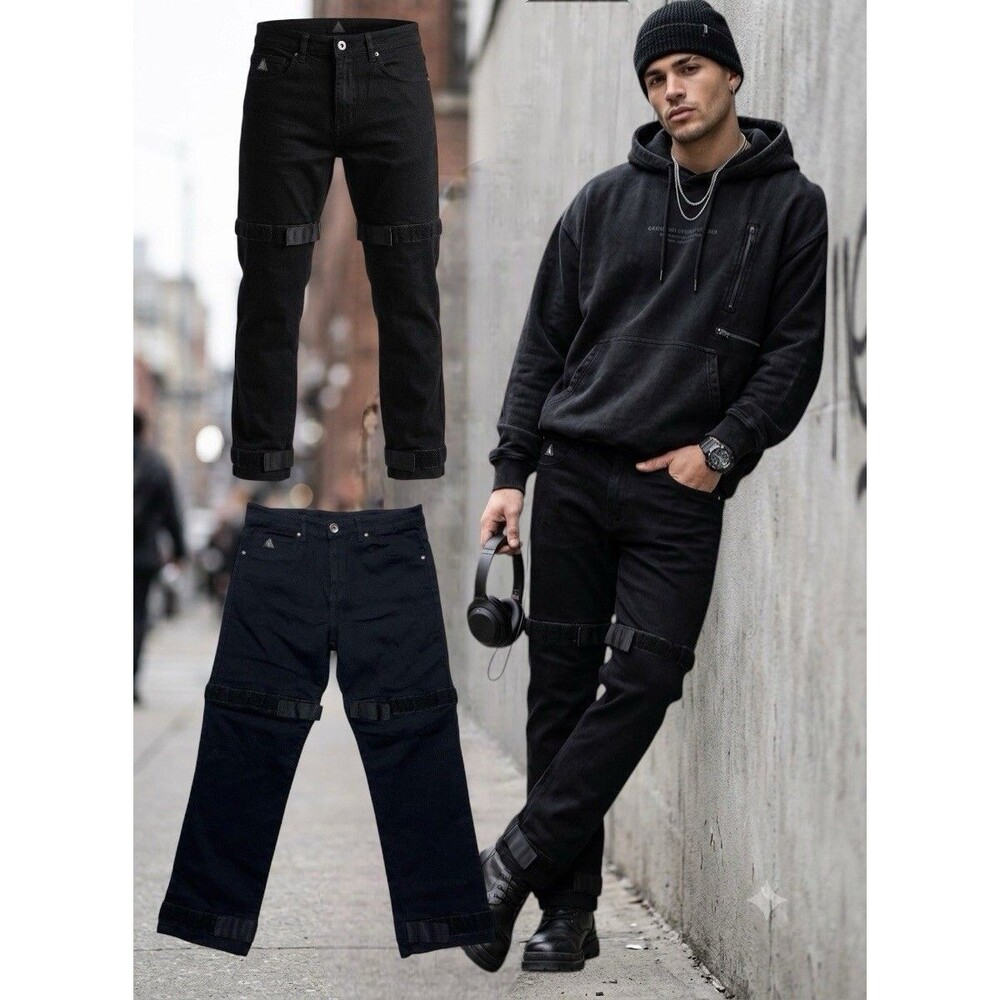 DNM Collection Men's  Slim Fit  Size 30 Black Stretch Jeans Hook & Loop Straps